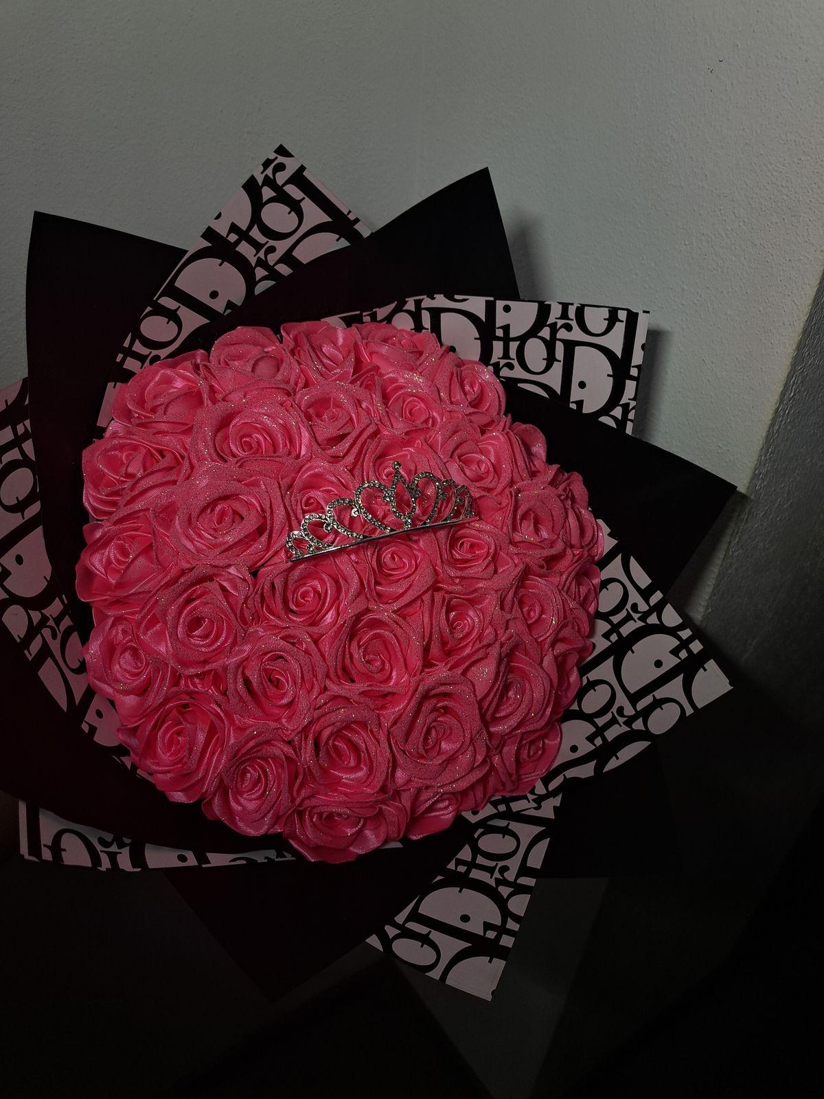 36 neon pink glitter roses with silver crown and dior wrappin